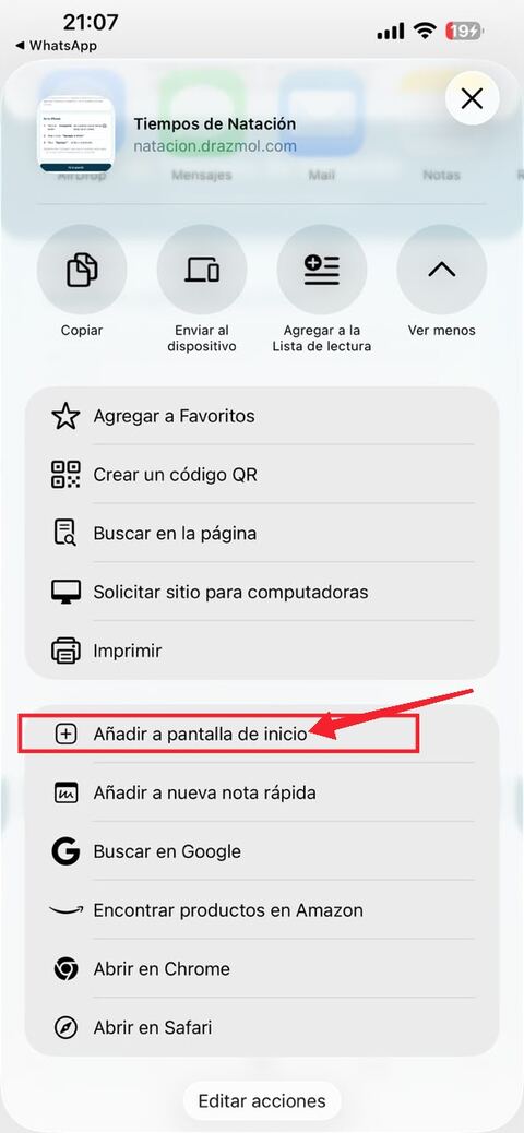 Opción Añadir a pantalla de inicio